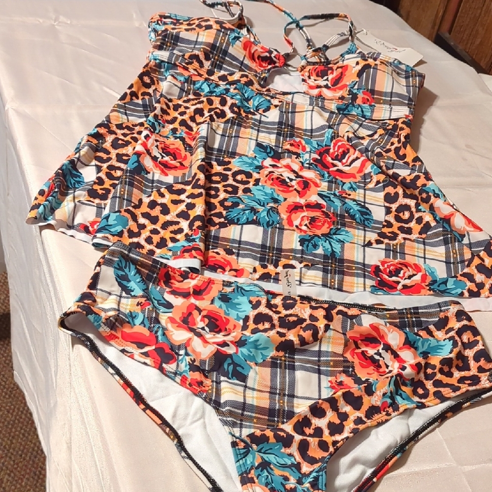 Floral and Leopard Print Swimming Suit